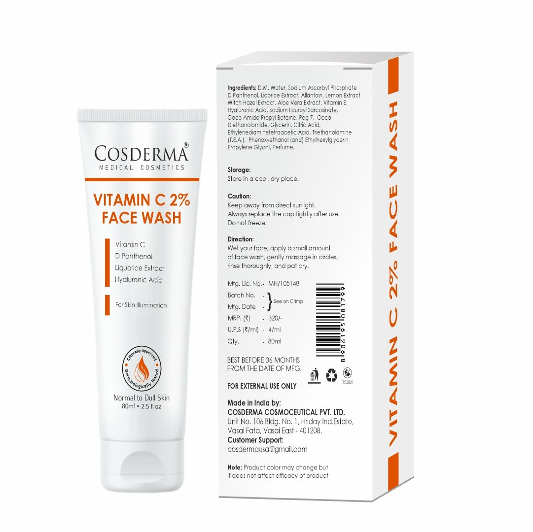 Cosderma Vitamin C 2% Face Wash – Brightening Cleanser with D-Panthenol, Licorice Extract & Hyaluronic Acid for Radiant, Glowing Skin