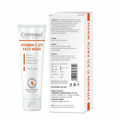 Cosderma Vitamin C 2% Face Wash – Brightening Cleanser with D-Panthenol, Licorice Extract & Hyaluronic Acid for Radiant, Glowing Skin