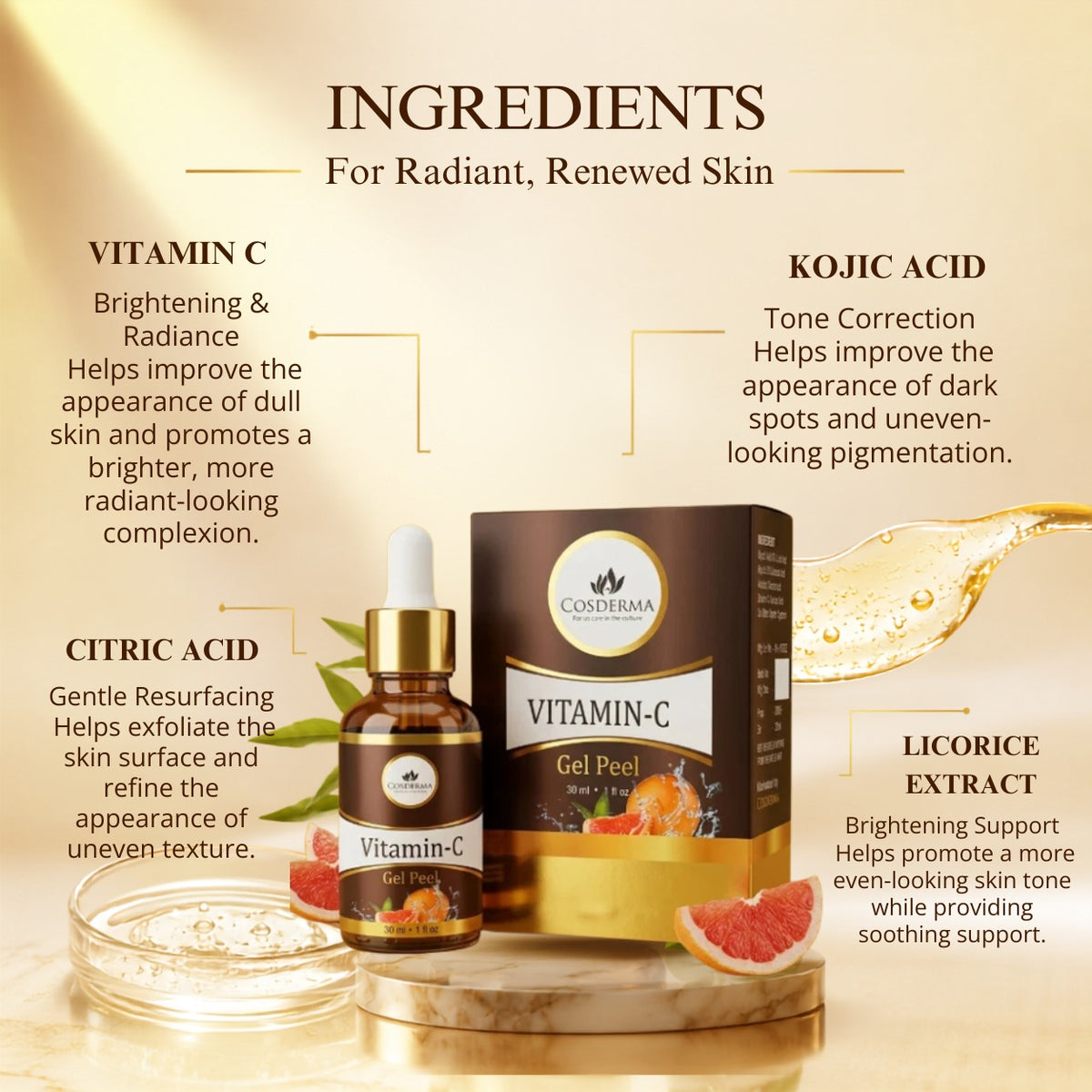 Cosderma Vitamin-C Gel Peel | Brightening & Anti-Aging Exfoliant | Professional Derma Peel