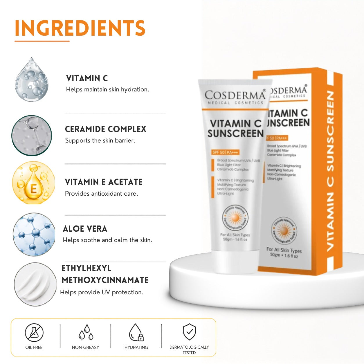 Cosderma Vitamin C Sunscreen – Brightening Broad Spectrum UV + Blue Light Protection with Ceramide Complex | Matte, Non-Comedogenic, Ultra-Light Texture
