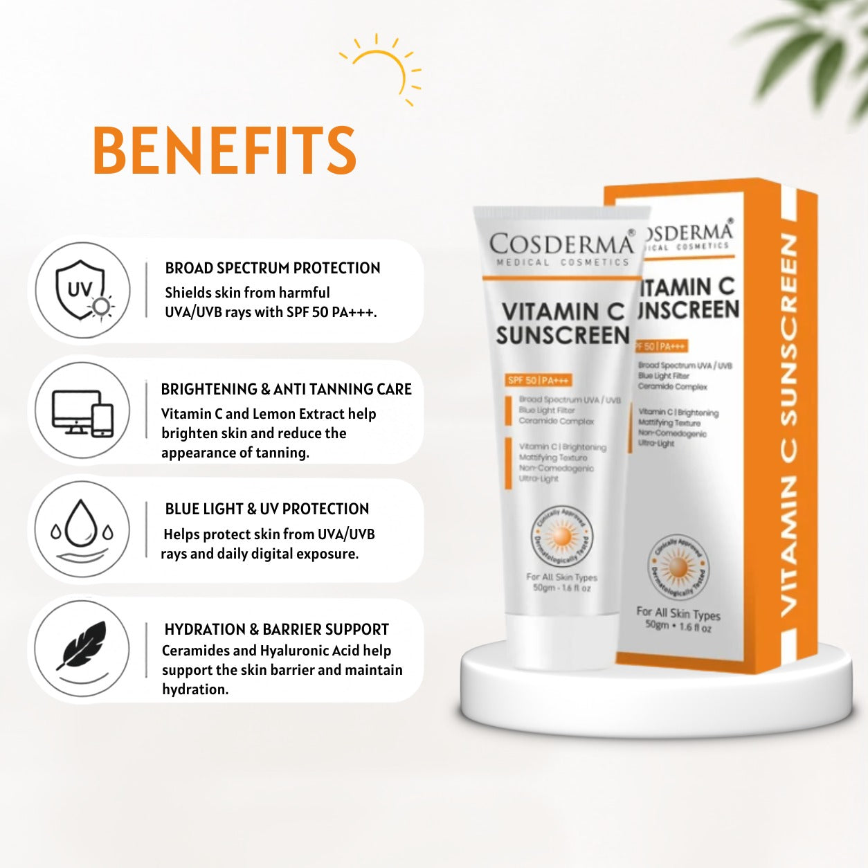 Cosderma Vitamin C Sunscreen – Brightening Broad Spectrum UV + Blue Light Protection with Ceramide Complex | Matte, Non-Comedogenic, Ultra-Light Texture