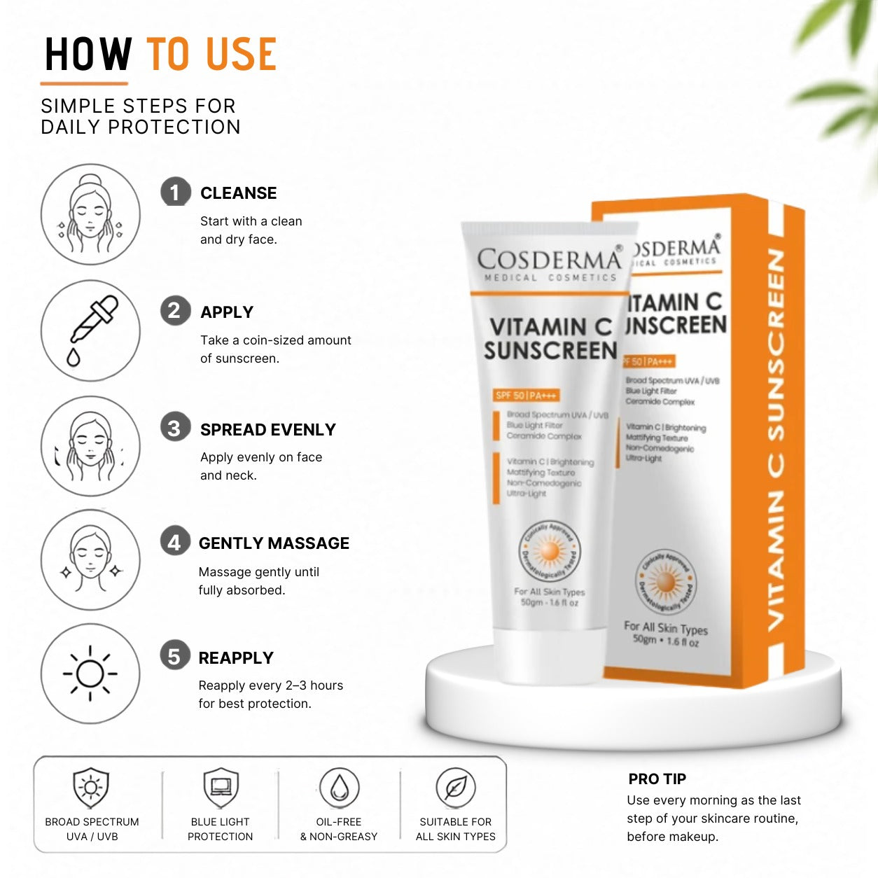 Cosderma Vitamin C Sunscreen – Brightening Broad Spectrum UV + Blue Light Protection with Ceramide Complex | Matte, Non-Comedogenic, Ultra-Light Texture