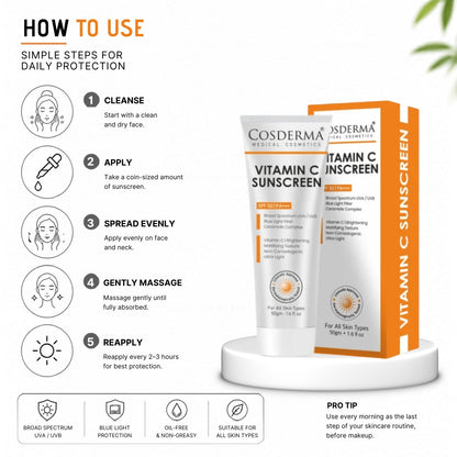 Cosderma Vitamin C Sunscreen – Brightening Broad Spectrum UV + Blue Light Protection with Ceramide Complex | Matte, Non-Comedogenic, Ultra-Light Texture