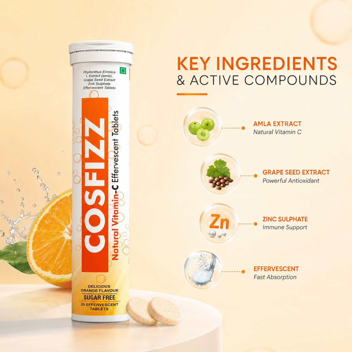 Cosfizz - Natural Vitamin C Effervescent Tablets for Immunity & Skin Health