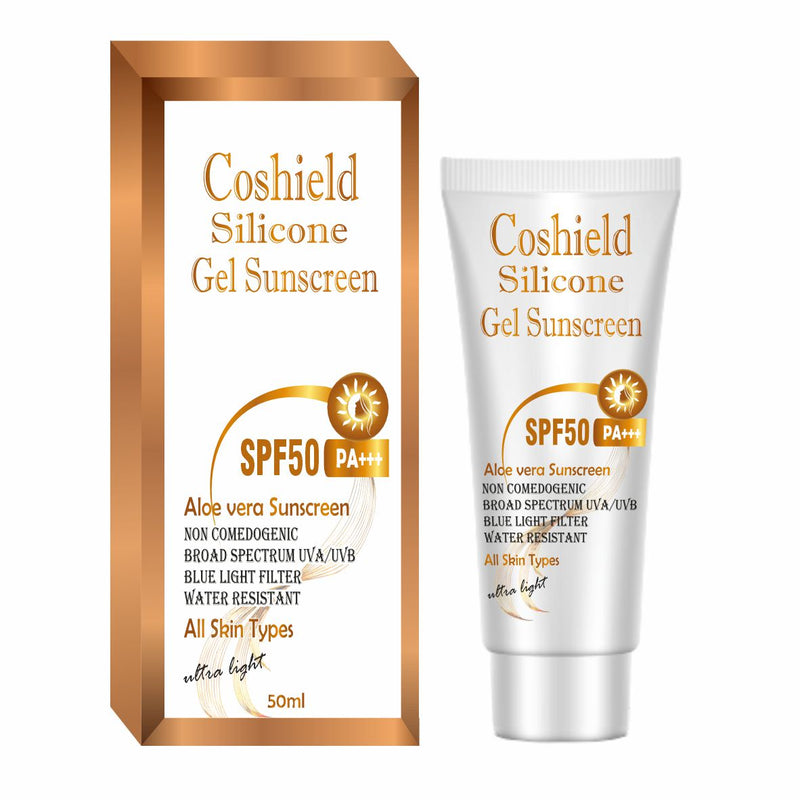 Coshield Silicone Gel Sunscreen SPF 50 PA+++ | Broad Spectrum UVA/UVB Protection | Water-Resistant, Non-Comedogenic, Ultra-Light Aloe Vera Sunscreen – 50ml