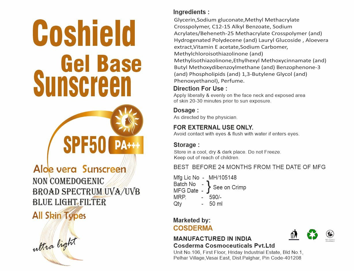 Coshield Gel Base Sunscreen SPF50 PA+++ | Aloe Vera, Non-Comedogenic, Ultra-Light Formula