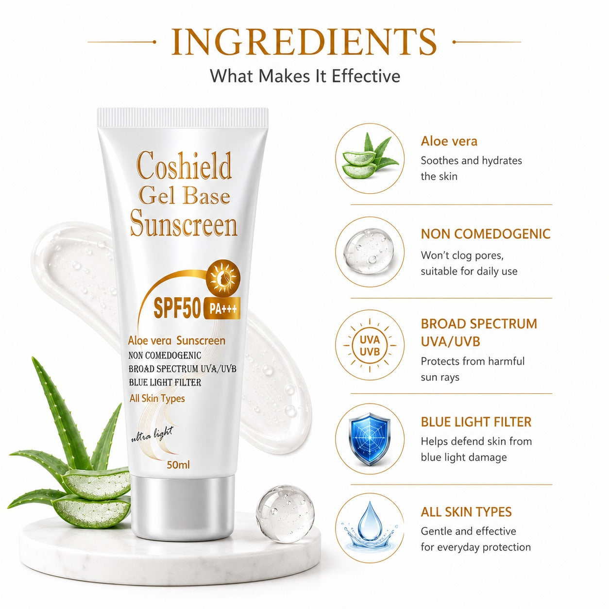 Coshield Gel Base Sunscreen SPF50 PA+++ | Aloe Vera, Non-Comedogenic, Ultra-Light Formula