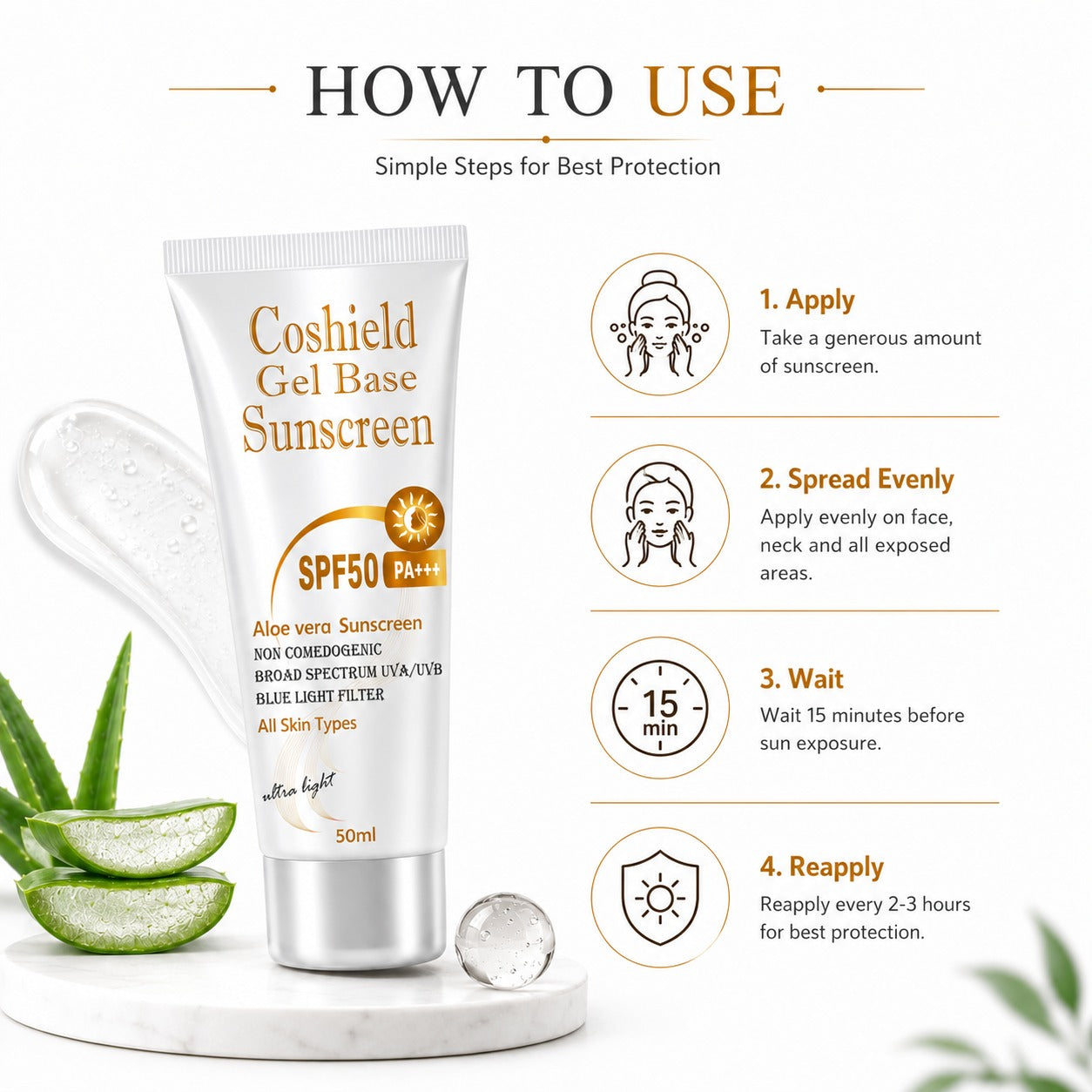 Coshield Gel Base Sunscreen SPF50 PA+++ | Aloe Vera, Non-Comedogenic, Ultra-Light Formula