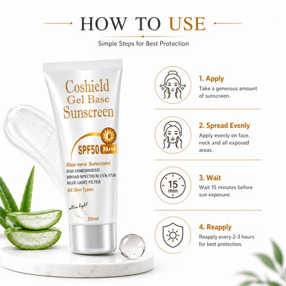 Coshield Gel Base Sunscreen SPF50 PA+++ | Aloe Vera, Non-Comedogenic, Ultra-Light Formula