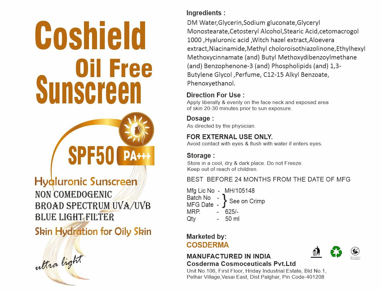 Coshield Oil-Free Sunscreen SPF50 PA+++ | Hyaluronic Acid, Non-Comedogenic, Ultra-Light Formula for Oily Skin