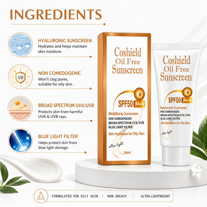Coshield Oil-Free Sunscreen SPF50 PA+++ | Hyaluronic Acid, Non-Comedogenic, Ultra-Light Formula for Oily Skin