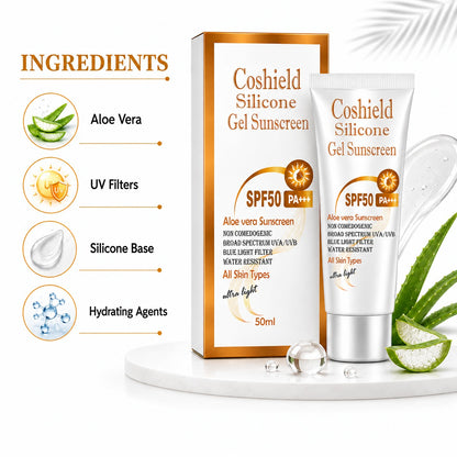 Coshield Silicone Gel Sunscreen SPF 50 PA+++ | Broad Spectrum UVA/UVB Protection | Water-Resistant, Non-Comedogenic, Ultra-Light Aloe Vera Sunscreen – 50ml