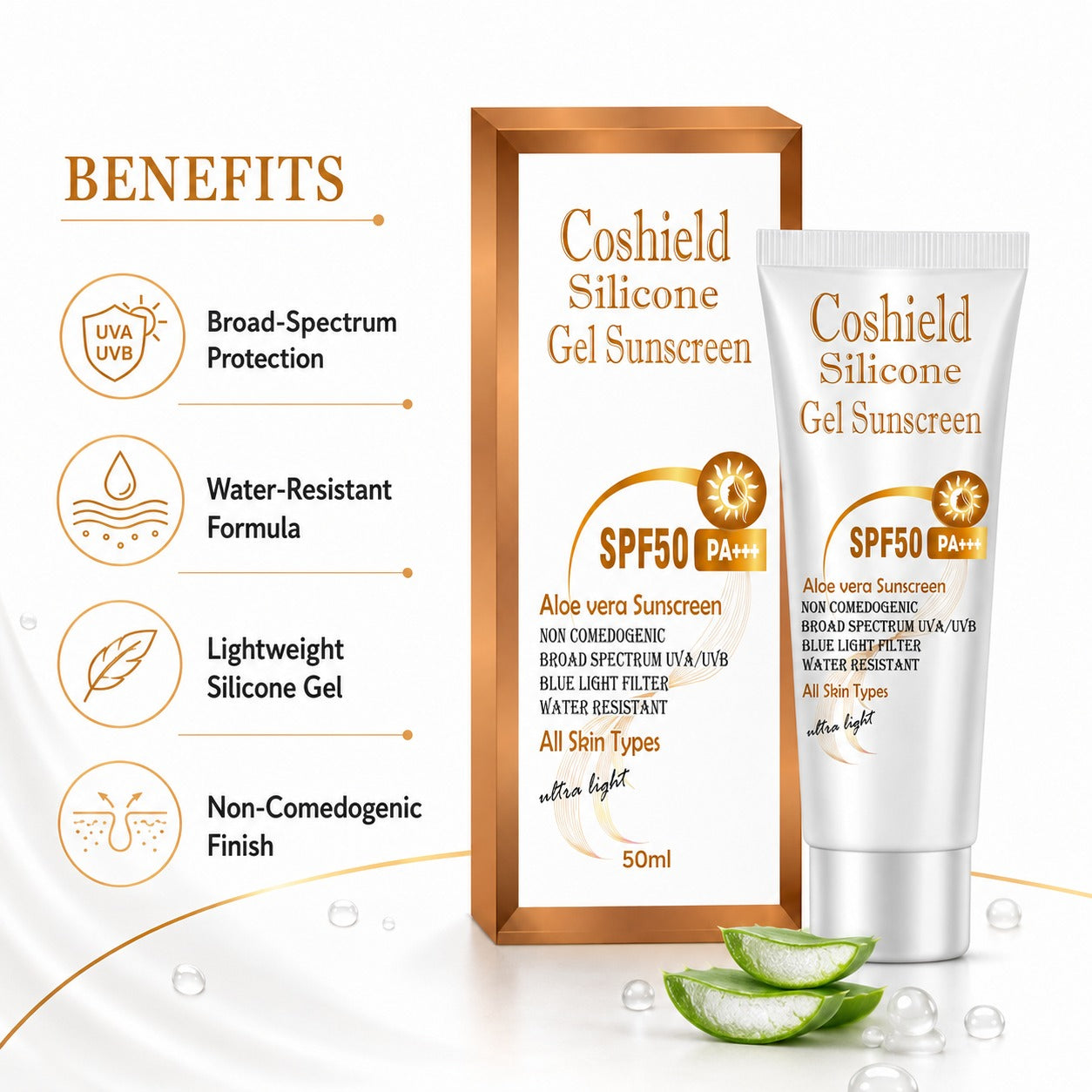 Coshield Silicone Gel Sunscreen SPF 50 PA+++ | Broad Spectrum UVA/UVB Protection | Water-Resistant, Non-Comedogenic, Ultra-Light Aloe Vera Sunscreen – 50ml