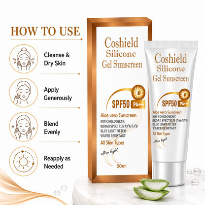 Coshield Silicone Gel Sunscreen SPF 50 PA+++ | Broad Spectrum UVA/UVB Protection | Water-Resistant, Non-Comedogenic, Ultra-Light Aloe Vera Sunscreen – 50ml