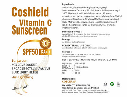 Coshield Vitamin C Sunscreen SPF50 PA+++ | Brightening & Non-Comedogenic, Ultra-Light Formula