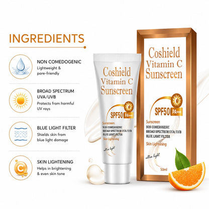 Coshield Vitamin C Sunscreen SPF50 PA+++ | Brightening & Non-Comedogenic, Ultra-Light Formula