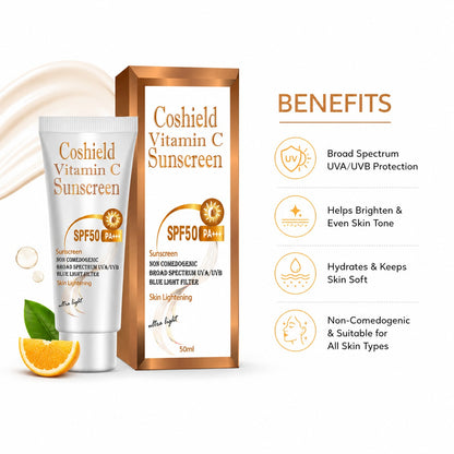 Coshield Vitamin C Sunscreen SPF50 PA+++ | Brightening & Non-Comedogenic, Ultra-Light Formula