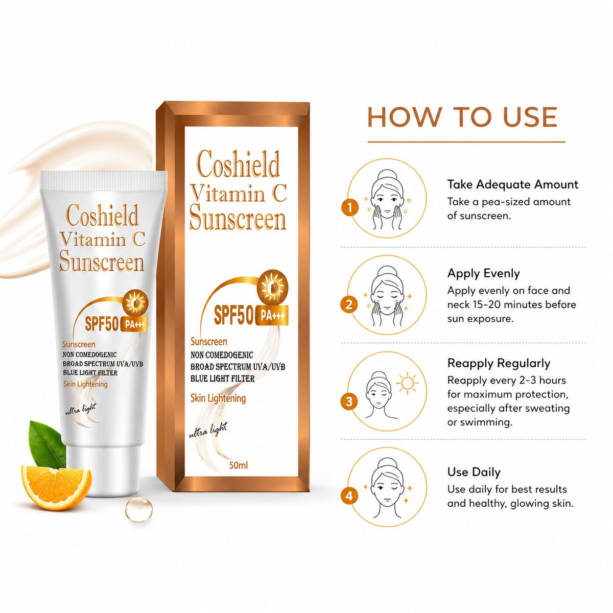 Coshield Vitamin C Sunscreen SPF50 PA+++ | Brightening & Non-Comedogenic, Ultra-Light Formula