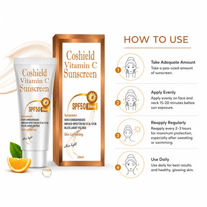 Coshield Vitamin C Sunscreen SPF50 PA+++ | Brightening & Non-Comedogenic, Ultra-Light Formula