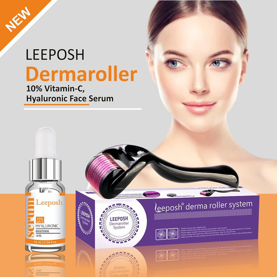 Leeposh Derma Roller 540 Needles with 10% Vitamin C + Hyaluronic Acid Serum for Skin Whitening & Anti-Aging