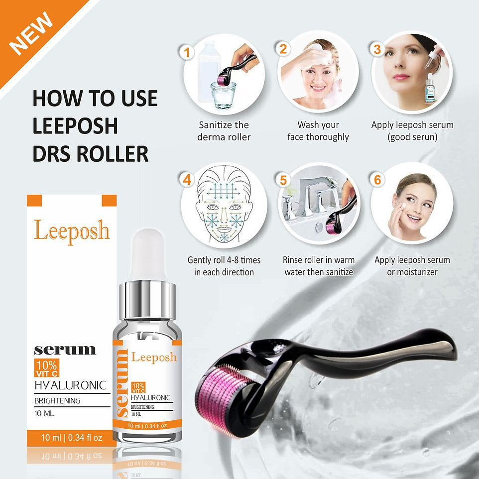 Leeposh Derma Roller 540 Needles with 10% Vitamin C + Hyaluronic Acid Serum for Skin Whitening & Anti-Aging