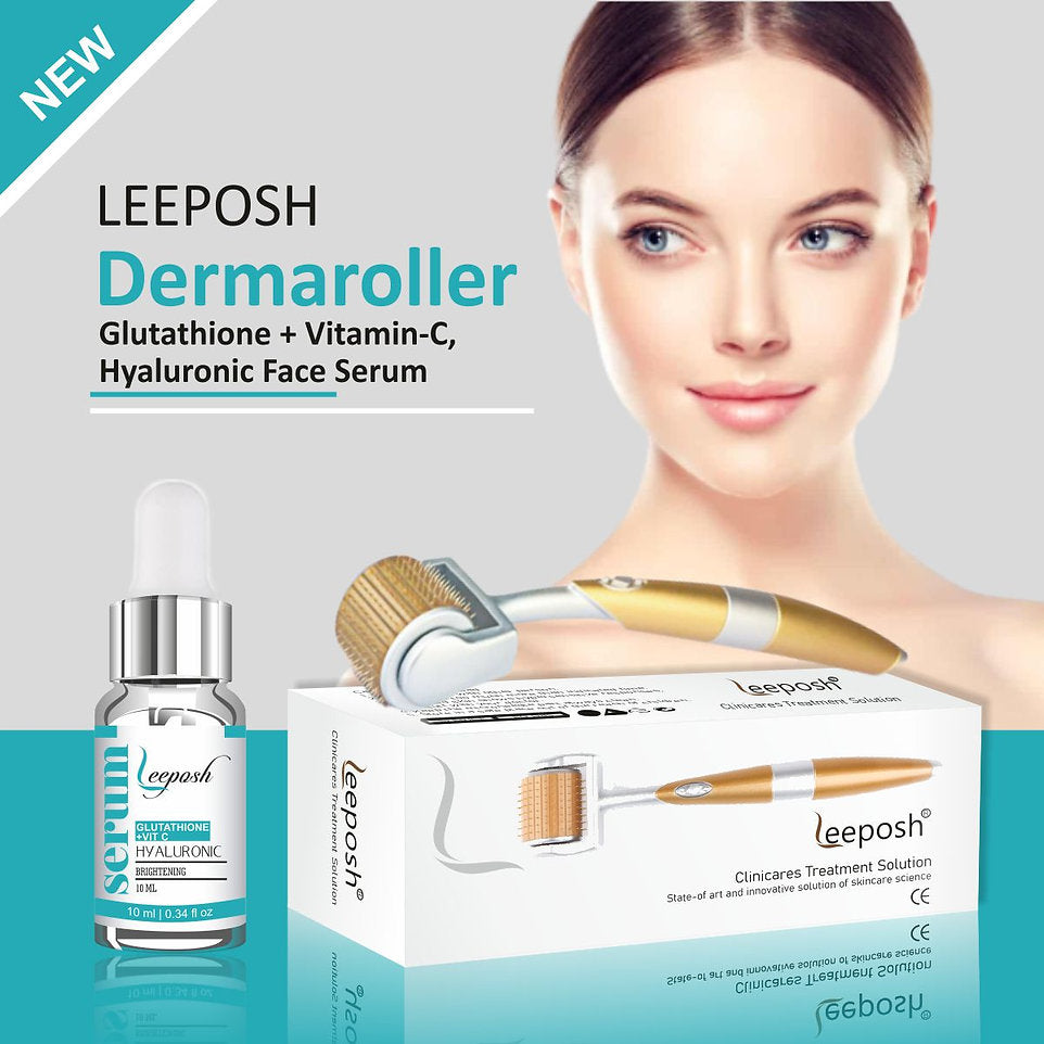 Leeposh Derma Roller 192 Needles with Glutathione, Vitamin C, and Hyaluronic Acid Serum for Skin Whitening and Anti-Aging