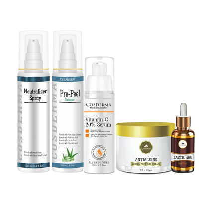 Glow Revive Pre-Peel & Anti-Aging Kit: Neutralizer Spray, Vitamin C Serum, Lactic 40% Gel Peel
