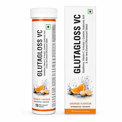 Cosderma Glutagloss VC Effervescent Tablets – Glutathione, Vitamin C, NAC, Hyaluronic Acid & Aloe Vera Extract (Orange Flavour) | 15 Tablets