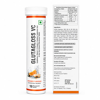 Cosderma Glutagloss VC Effervescent Tablets – Glutathione, Vitamin C, NAC, Hyaluronic Acid & Aloe Vera Extract (Orange Flavour) | 15 Tablets