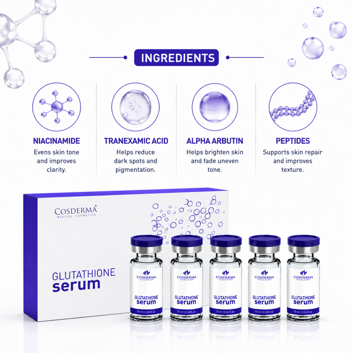 Cosderma Glutathione Serum - Powerful Brightening & Anti-Aging Treatment (5 Vials x 10ml)