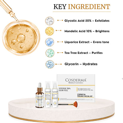 Cosderma Glycolic 50% Glow Peel - Exfoliate, Brighten & Renew Skin | Chemical Peeling Facial Kit