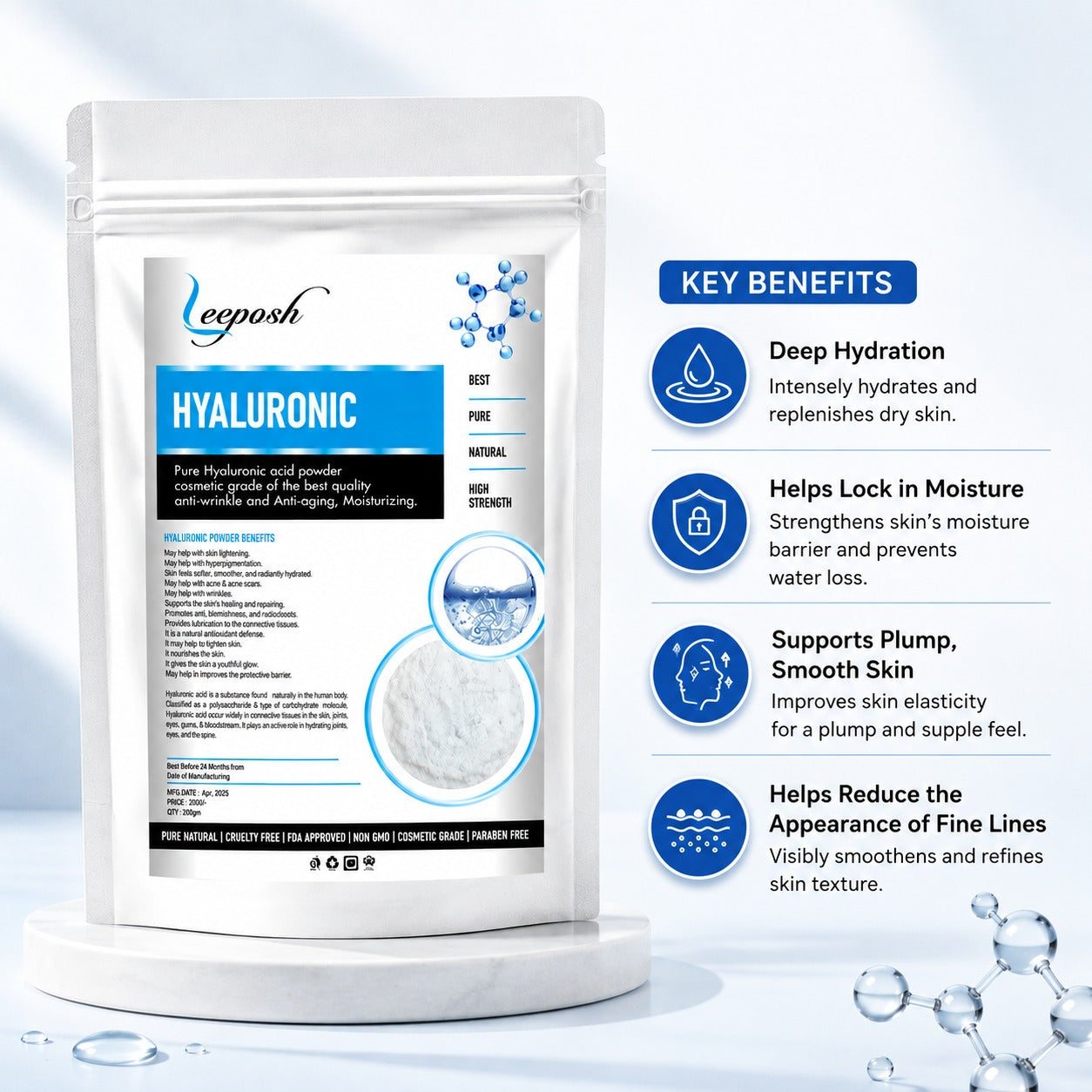 Leeposh Pure Hyaluronic Acid Powder – Cosmetic Grade for Anti-Aging & Moisturizing