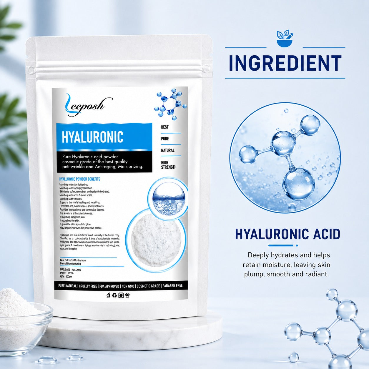 Leeposh Pure Hyaluronic Acid Powder – Cosmetic Grade for Anti-Aging & Moisturizing
