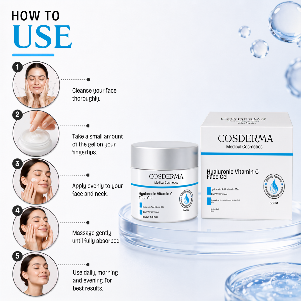 Cosderma Hyaluronic Vitamin-C Face Gel – Hydration & Brightening