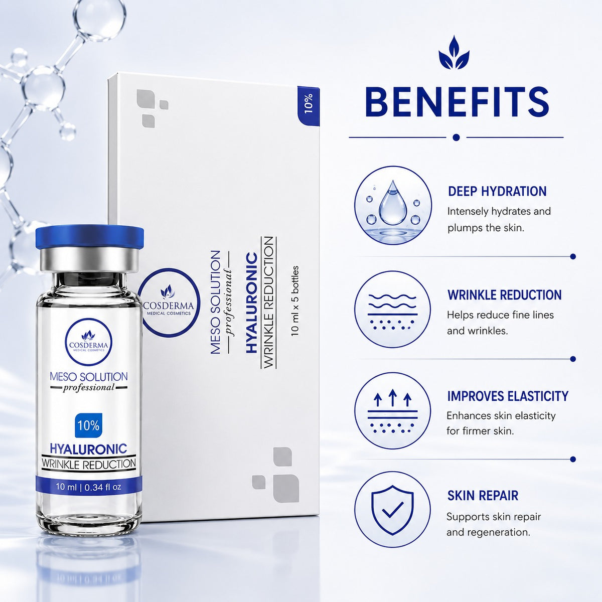 Cosderma Professional Meso Solution – Hyaluronic Wrinkle Reduction Serum | Professional Serum for Wrinkle Reduction & Hydration