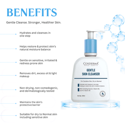 Cosderma Gentle Skin Cleanser for Sensitive & Dry to Normal Skin – Hydrating Creamy Formula (250ml)
