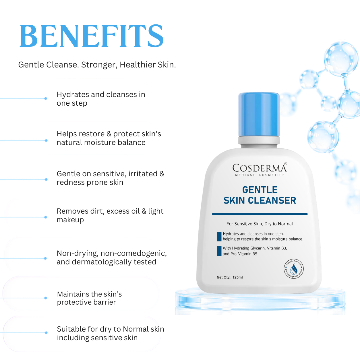 Cosderma Gentle Skin Cleanser for Sensitive & Dry to Normal Skin – Hydrating Creamy Formula