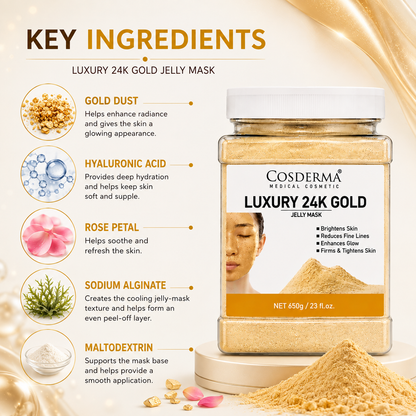 Cosderma Luxury 24K Gold Jelly Mask jar shown on a beige promotional graphic with ingredient callouts and gold powder scattered around. The product is a clear plastic jar with a white cap and a cream-colored label featuring gold text and a photo of a woman's face.