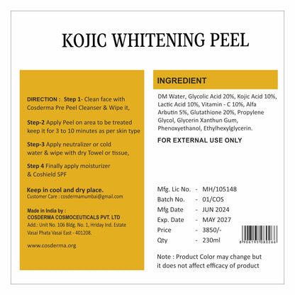 Cosderma Kojic Whitening Peel - Brighten & Even Skin Tone | Chemical Peeling Facial Kit