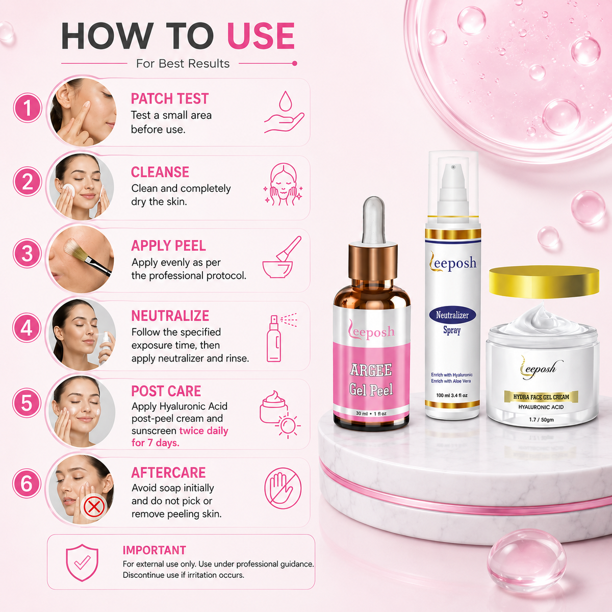Leeposh Argee Peel with Neutralizer Spray & Hydra Face Gel Cream - Effective Lactic Acid & Glycolic Acid Combo for Skin Brightening