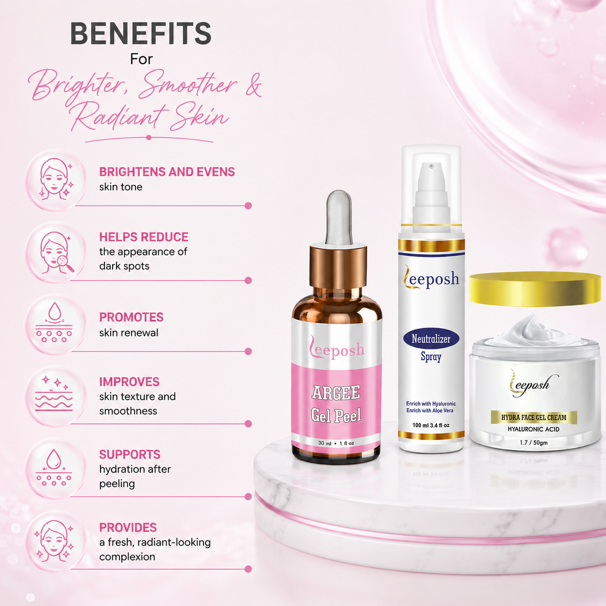 Leeposh Argee Peel with Neutralizer Spray & Hydra Face Gel Cream - Effective Lactic Acid & Glycolic Acid Combo for Skin Brightening