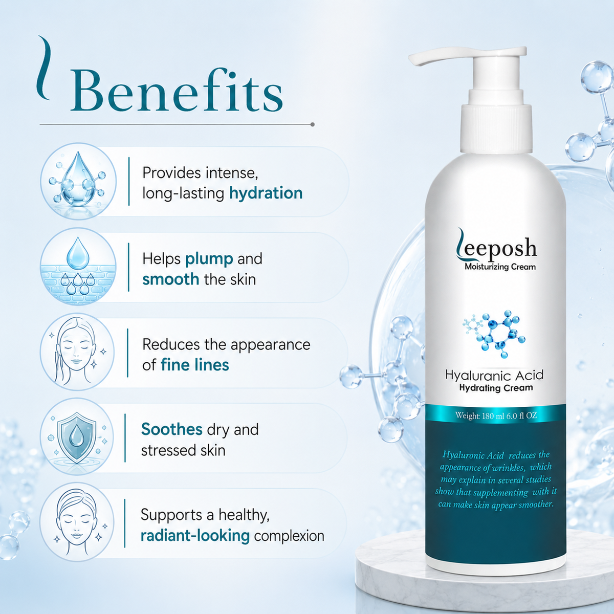 Leeposh Hyaluronic Acid Moisturizer – Intense Hydration & Anti-Aging Cream