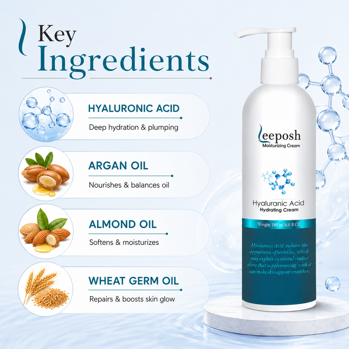 Leeposh Hyaluronic Acid Moisturizer – Intense Hydration & Anti-Aging Cream