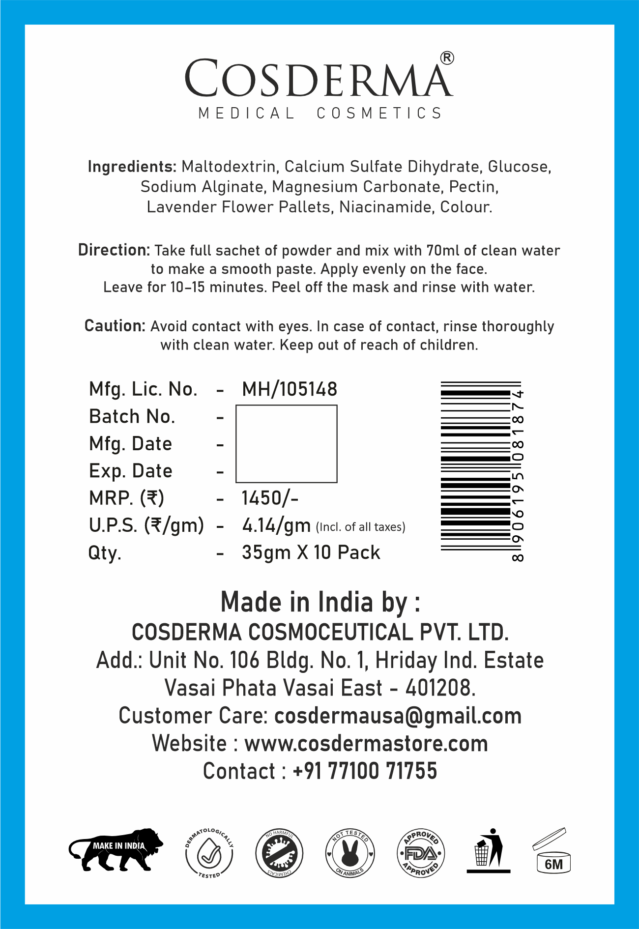 Cosderma Niacinamide Jelly Mask (10 x 35gm) – Oil Control, Pore Tightening & Brightening Peel-Off Mask
