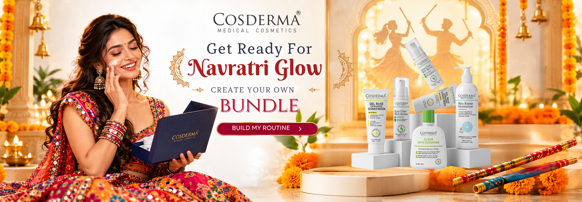 Cosderma Regimen Cosmetics promotional banner featuring a woman in traditional Indian attire holding a book, alongside several skincare products including a cream bottle, tube, and spray on a decorated festive background with marigolds and oil lamps.