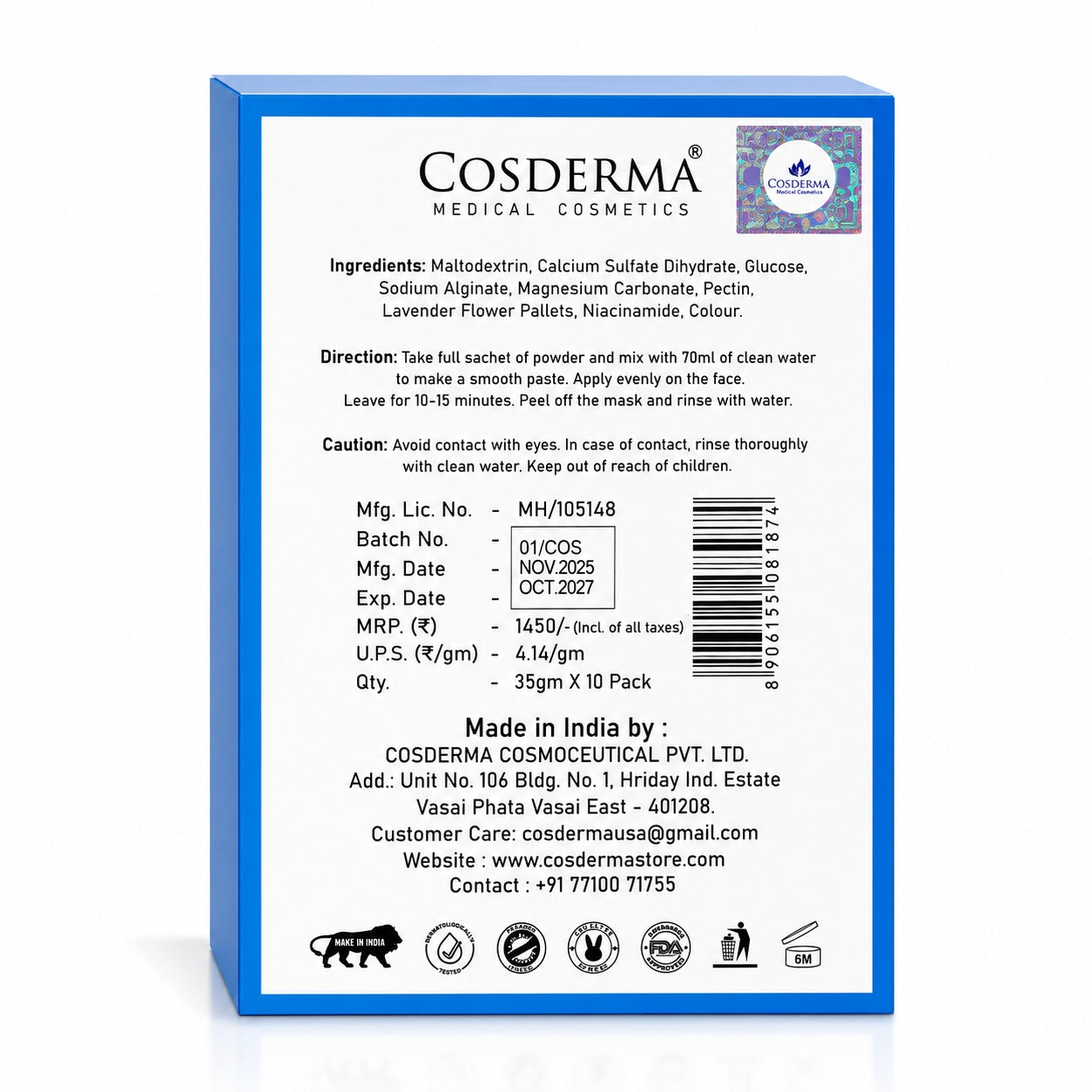 Cosderma Niacinamide Jelly Mask (10 x 35gm) – Oil Control, Pore Tightening & Brightening Peel-Off Mask
