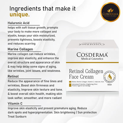 Cosderma Retinol Collagen Face Cream | Anti-Aging & Firming Skincare with Retinol & Marine Collagen