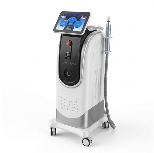 Cosmetic device with digital display and nozzle on a white background