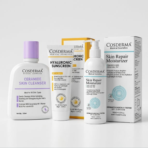 Cosderma 3-Step Dry Skin Care Kit | Cleanser, Sunscreen & Moisturizer