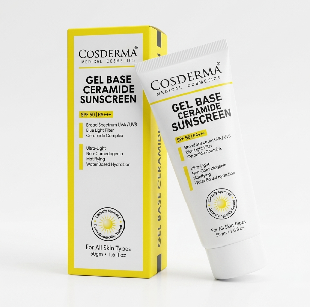 Cosderma Gel Base Sunscreen – Broad Spectrum UVA/UVB & Blue Light Shield with Ceramide Complex (Oil-Free, Ultra-Light Formula)